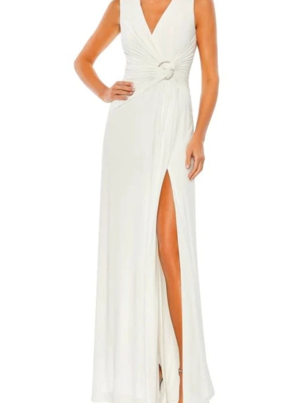 NWT Ieena for Mac Duggal White Sleeveless V-Neck Jersey Gown Side Slit